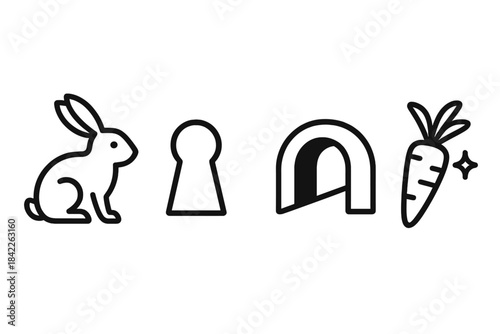 Minimalist Rabbit Icons. Line style vector icons of hopden tunnel crop: lean rabbit outline, ear swoop, hopden-style hole, crisp