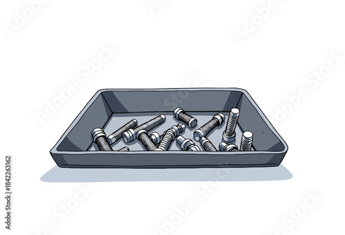 A Gray Rectangular Tray Containing an Assortment of Metal Screw Bolts of Various Sizes Arranged Loosely Against a Plain White Background
