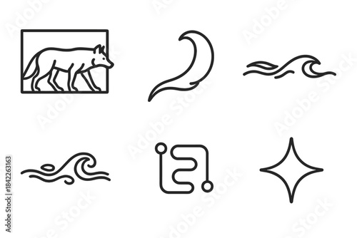 Roaming Wolf Vector Icons. Line style vector icons of wolfcurrent digitflow: roaming wolf frame, arched tail, current wave path,