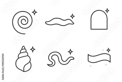 Mollusk Shell Line Art. Line style vector icons of mollusk dwelling trackline: mollusk shell ring, body flow, dwelling outline
