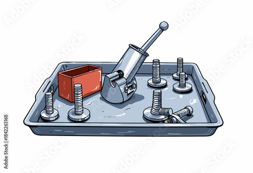 Mechanical Tray with Various Hardware Components Including Bolts, Springs, and a Cylindrical Lever Illustrated on a Metallic Surface