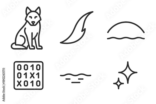 Lupine Stream Cipher Icons. Line style vector icons of lupine stream cipher: alert wolf figure, tail sweep, gentle stream arc,