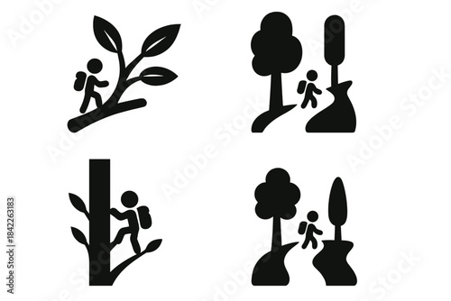 Nature's Path Icons. Icons for: a branch-led ascent of a small wanderer, a wood-line path for a compact traveler, a narrow trunk
