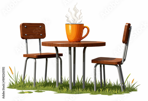 Cozy outdoor seating with a round wooden table set for two and a steaming cup of coffee, surrounded by lush green grass on a bright sunny day