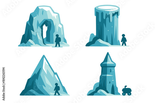 Icy Monument Icons. Icons for: an icy monument with a small wanderer, a frozen pillar facing a tiny traveler, a crisp ice peak