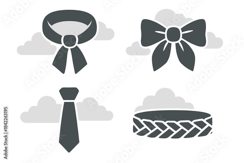 Elegant Neck Accessories. Icons for: a neck accessory confronting airy brightness, a tied fabric contrasting soft whiteness, a
