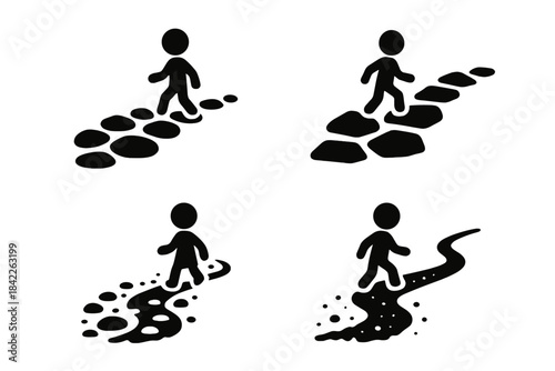 Miniature Explorer's Path. Icons for: a pebble path guiding a small explorer, a stony trail directing a miniature traveler, a