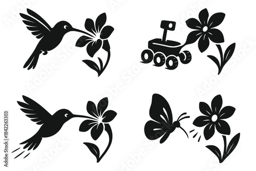 Hummingbird and Flower Icons. Icons for: a hummingbird poised at a vivid corolla, a tiny rover dipping into radiant petals, a fast
