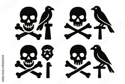 Pirate's Mark & Lookout. Icons for: a pirate’s mark near a perched lookout, a rough emblem close to a vigilant bird, a seafarer’s