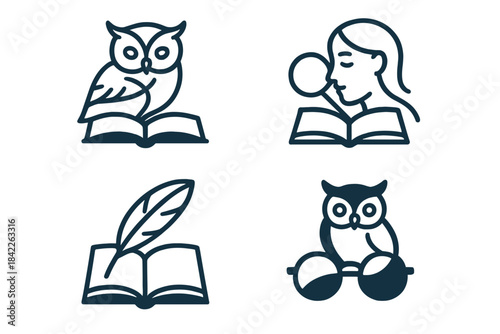 Wisdom in Symbols. Icons for: wisdom tying bird, book, and lens, quiet study uniting gaze and page, gentle insight blending