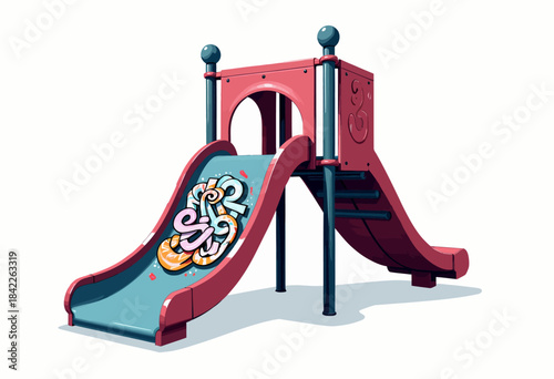 Colorful modern playground structure with two slides and artistic graffiti design, featuring vibrant pink and blue hues set against a clean white background.