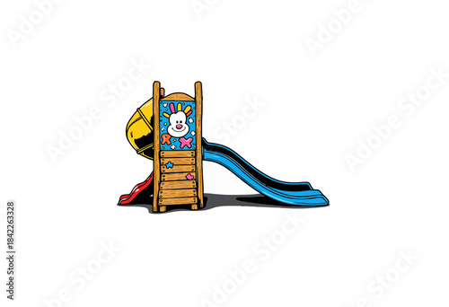 Colorful Children's Playground Slide with Fun Cartoon Graphics on Wooden Structure and Curved Blue Plastic Slide