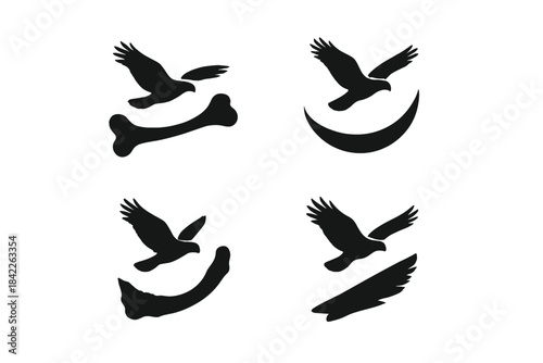 Bone-Inspired Wing Icons. Icons for: a bone’s curve echoing wing shadows, a pale arc mirroring a raptor’s silhouette, a dry