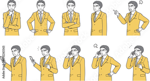 スーツの中年男性・上半身・正面・斜め向き・10種セット（シンプル）