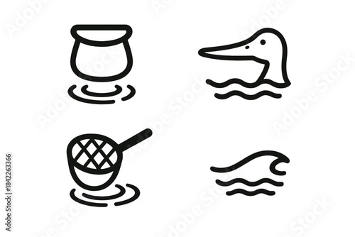 Nature-Inspired Icon Collection. Icons for: a wide pouch opening above bright ripples, a broad bill stretching over shallow shine,