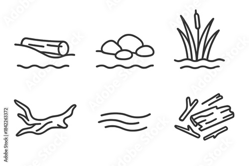Riverbank Vector Elements. Line vector icons of Riverbank Timber Haven: shoreline log, waterline stones, river reeds, driftwood