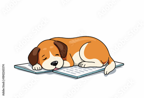 Adorable Beagle Puppy Sleeping Peacefully on an Open Book, Showing the Charm of Relaxation and Innocence in a Cozy and Serene Environment