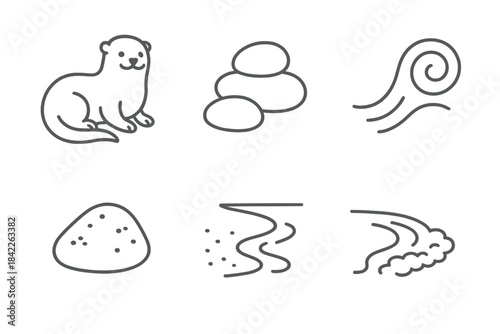 Otter Habitat Icons. Line vector icons of Stream Otter Habitat: playful otter shape, rounded stones, gentle stream curl, mossy
