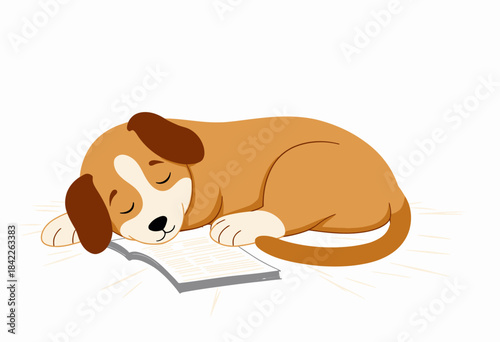 Adorable Puppy Sleeping Peacefully on a Book, Illustrating a Heartwarming Scene of Relaxation and Innocence in a Cozy, Tranquil Environment