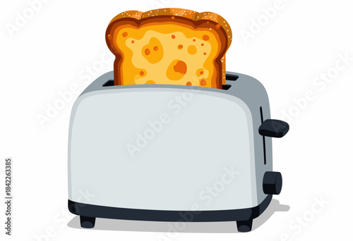 Illustration of a Classic Toaster with a Toasted Slice of Bread Popping Out, Displaying a Golden Brown Color and Crisp Texture