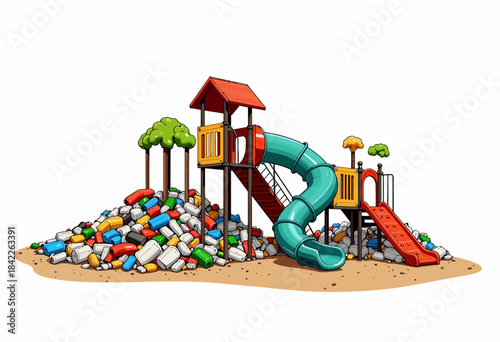 Colorful playground slide structure above a whimsical landscape of oversized toy bricks and cartoon trees against a white background