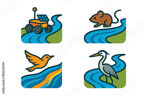 Rover's Flowing Path. Icons for: a river’s bend guiding a colored rover, flowing lines steering a tiny scout, bright currents