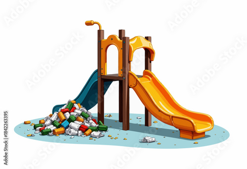 Colorful Playground Slide with Empty Beverage Cans Piled on Ground Illustrating Environmental Concerns and the Need for Proper Recycling Efforts