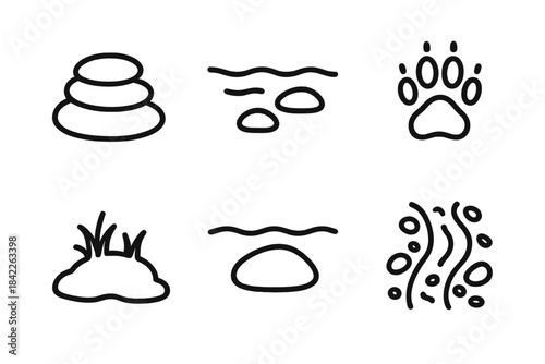 Stonebed Waterway Icons. Line vector icons of Stonebed Waterway: layered pebbles, shallow water line, small otter print, bank moss