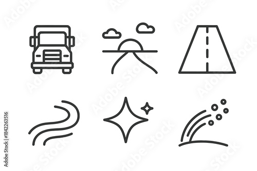Truckline Icon Array. Line vector icons of Truckline Far View: truckline sweep, far-view horizon, road bead, air curl, shimmer