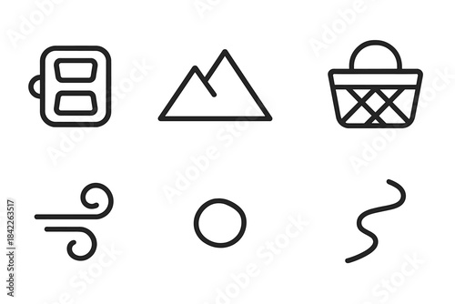 Mountain Pedal Icons. Line vector icons of Mountain Pedal Tote: pedal shape, mountain rise, tote basket, air swirl, stone dot,
