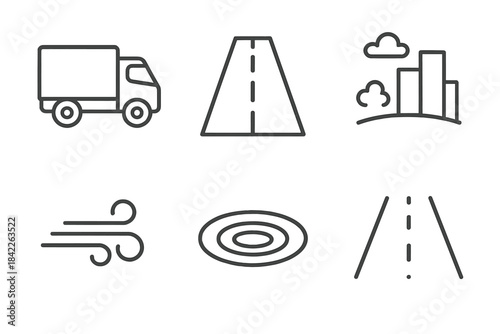 Highway Cargo Icons. Line vector icons of Highway Cargo Path: cargo outline, highway strip, far skyline, ripple dust, breeze curl,