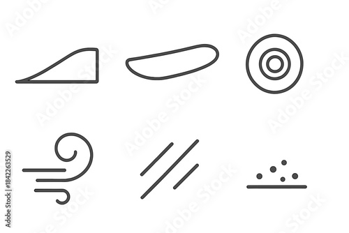 Vector Skateboard Icon Set. Line vector icons of Parkline Board Wheel: parkline ridge, board arc, wheel ring, dust curl, motion