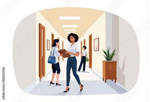 Professional Office Corridor with Diverse Individuals Engaged in Work Tasks Amid Contemporary Interior Decor Elements and Bright Lighting