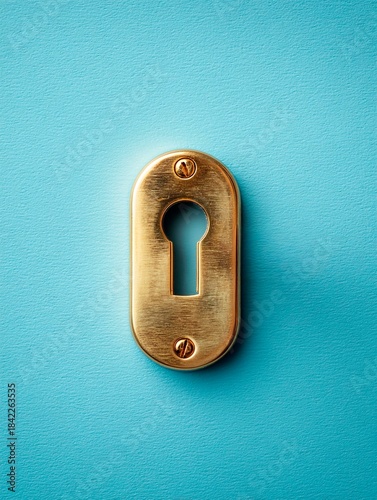 Brass door lock with keyhole on blue background, close-up
