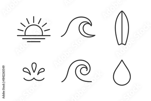 Sunrise Wave Icons. Line vector icons of Sunrise Wave Surge: sunrise ray, wave surge, board outline, tiny splash, tide curl, water
