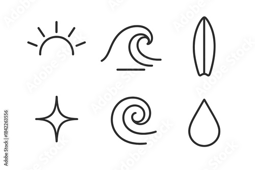 Solar Curl Icons. Line vector icons of Solar Curl Board: solar arc, wave curl, board sweep, sparkle mote, tide swirl, tiny droplet