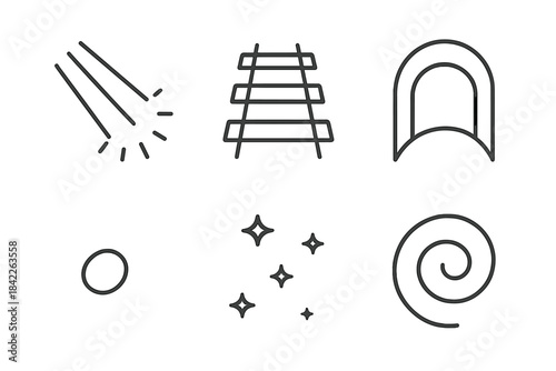 Tunnel Track Icons. Line vector icons of Illuminated Tunnel Track: illuminated beam, track line, tunnel curve, dust speck, glow