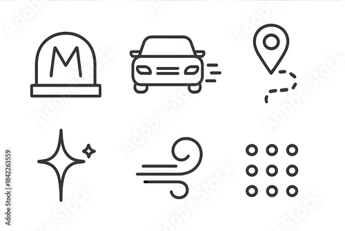 Metropolitan Car Route Icons. Line vector icons of Metropolitan Car Route: metro block, car sweep, route mark, glow speck, wind