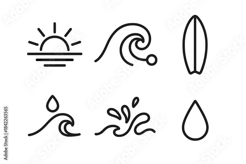 Sunlit Wave Icons. Line vector icons of Sunlit Wave Ride: sun arc, curling wave, board outline, foam dot, tide flick, splash mote.