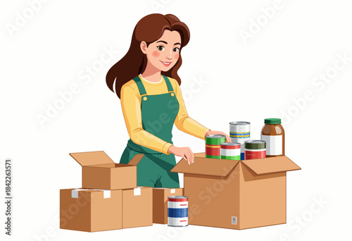 Young Woman Organizing Food Supplies into Cardboard Boxes for Efficient Storage and Distribution in a Community Pantry Setting