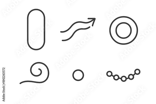 Deck Wheel Icons. Line vector icons of Deck Wheel Flow: deck shape, flow stripe, wheel circle, air curl, dust dot, path bead.