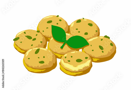 A Delightful Illustration of Seven Savory Herb-Infused Biscuits Arranged in a Cluster with Fresh Basil Leaves Highlighting Their Flavorful Appearance