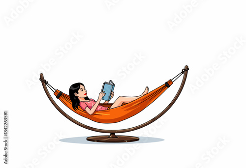A person relaxing in an orange hammock enjoying a book, set against a minimalist white background for a serene and peaceful reading experience.