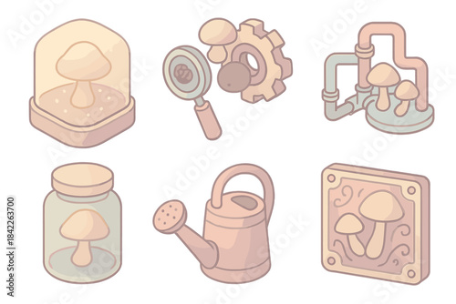 Set of six mushroom-themed icons, including a magnifying glass, a watering can