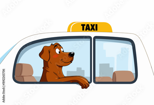 Cute Dog Riding in a Taxi Through the City with a Happy Expression and a View of Urban Skyscrapers in the Background