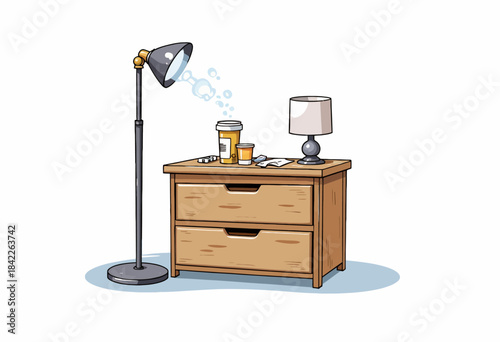 Illustration of Wooden Nightstand with Lamp, Coffee Cup, Medications, and Bubble Thoughts Emanating from Prescription Bottles and Envelopes