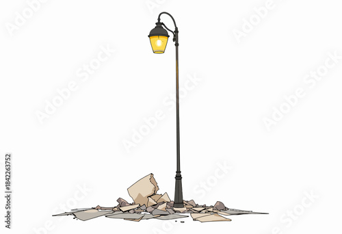 Charming vintage street lamp illuminating scattered fallen autumn leaves on a rustic pavement during twilight in a quiet and serene urban setting
