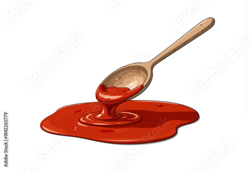 Illustration of a Wooden Spoon Dipping into a Pool of Thick Red Sauce on a White Background, Emphasizing Texture and Rich Color