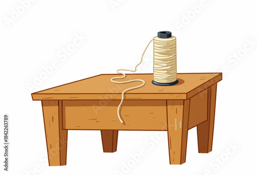 Illustration of a Wooden Table Featuring a Spool of Thread Showing Craftsmanship and Simplicity in Everyday Household Items and Artistic Detail