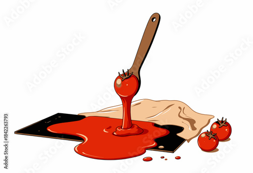 Illustration of a wooden spoon with a tomato and sauce cascading over a cutting board adorned by whole tomatoes and a cloth on a white background
